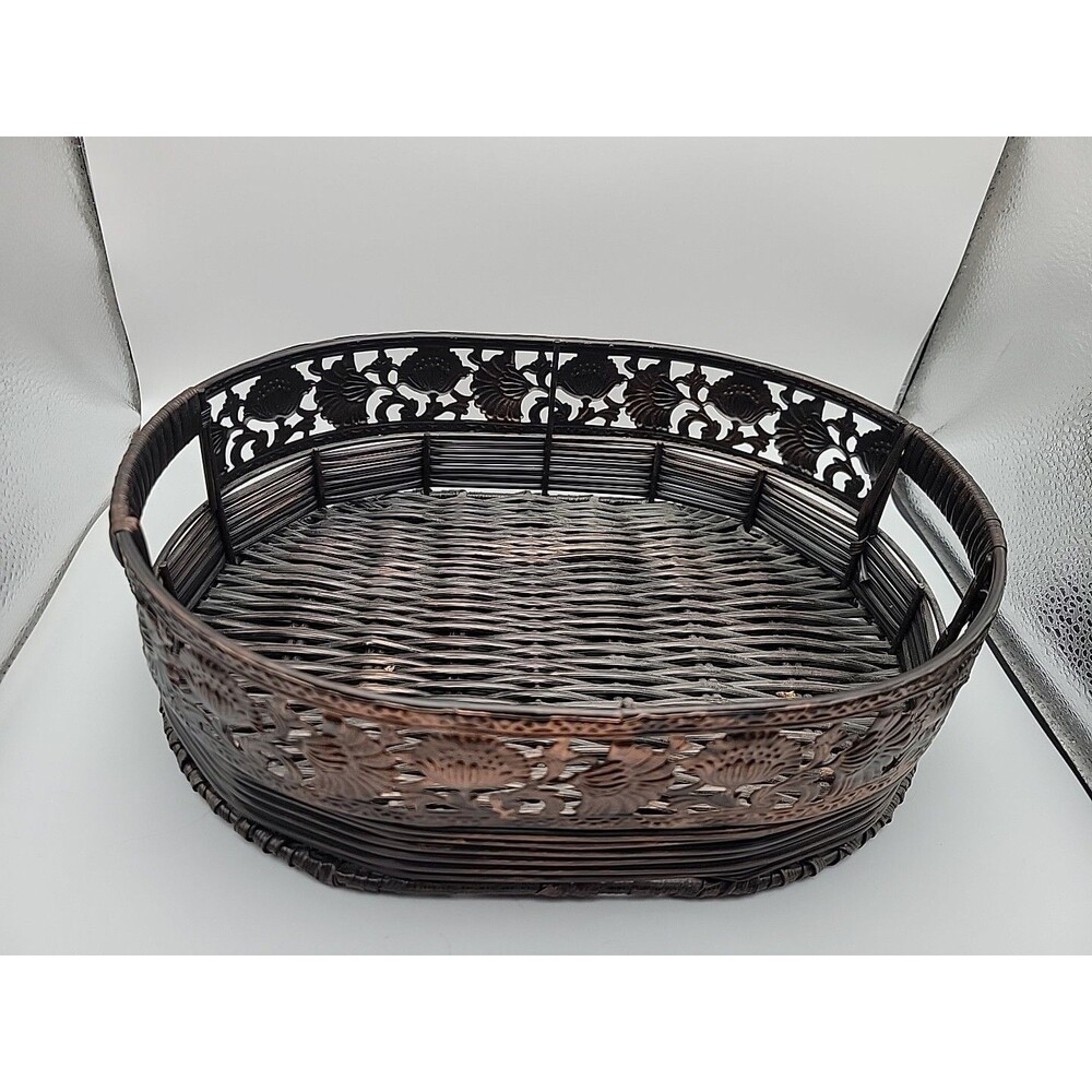 Metal & Wicker Tray Or Decor Vtg Oval Brown Bambo & Copper Look ~ Well Made
